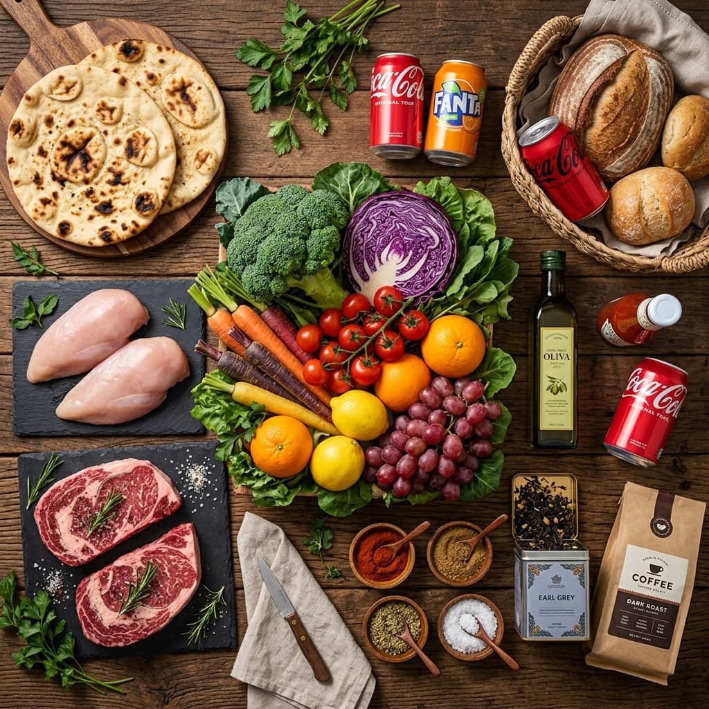 Premium food display showing vegetables, meats, grains, beverages, and flatbreads