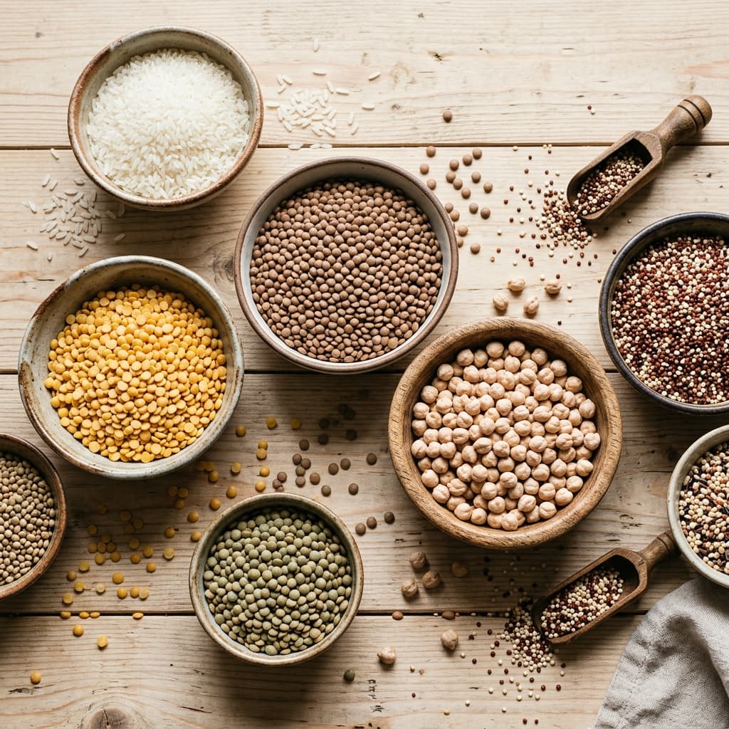 Various organic grains and seeds in bowls