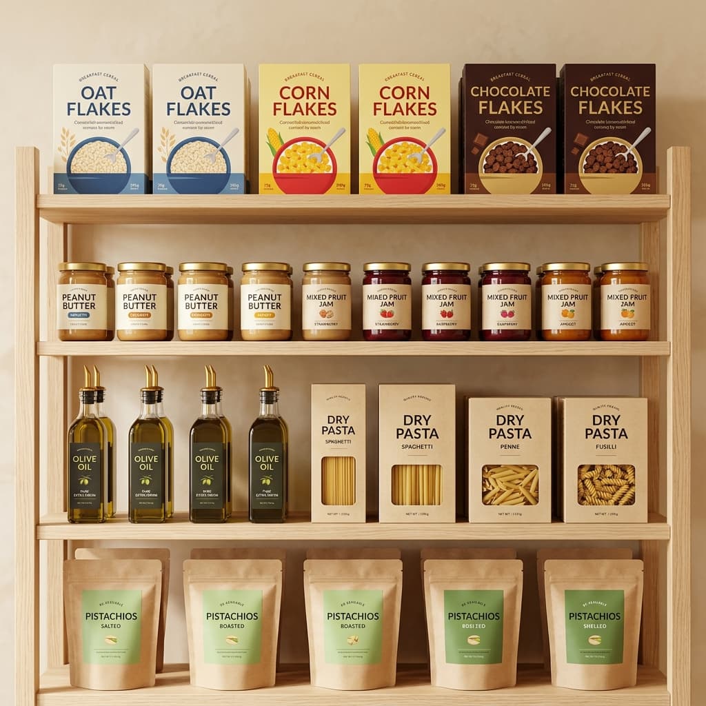 Shelves filled with premium packaged dry groceries