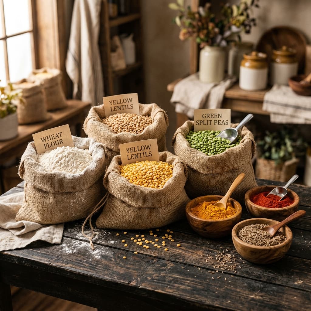 Sacks of flour, grains, and bowls of spices