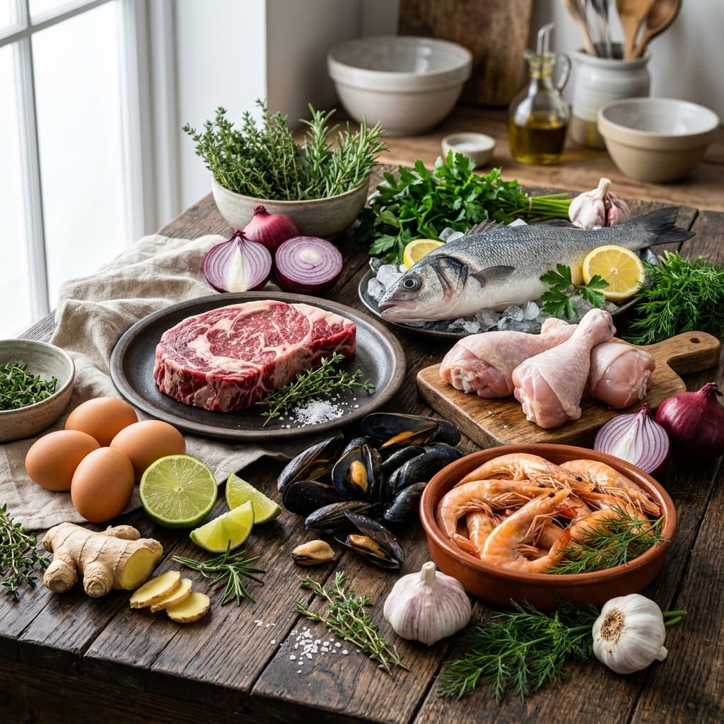 Fresh raw meats, seafood, fish, and chicken