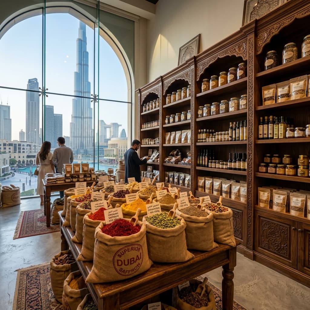 Premium organic store interior in Dubai with sacks of spices and Burj Khalifa view